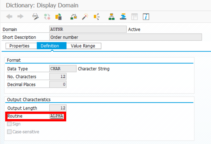 Domain `AUFNR` in the ABAP Dictionary (SE11)