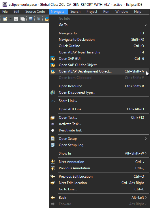 The menu path 'Open ABAP Development Object' in the ABAP Development Tools in Eclipse