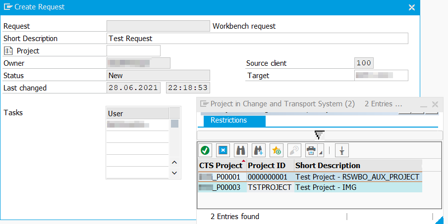 Assigning a project during transport request creation in the Transport Organizer