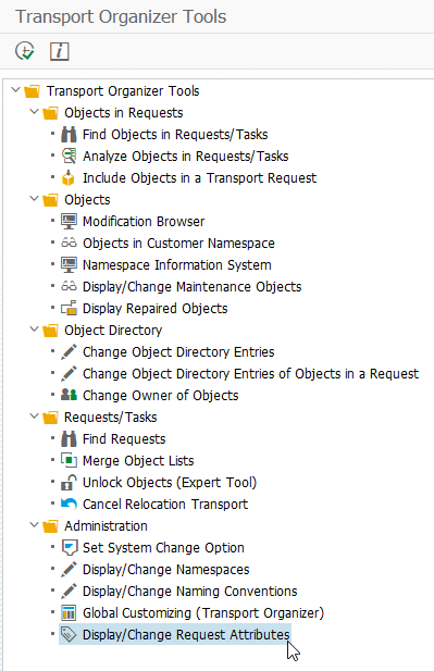 Menu entries in transaction SE03 (Transport Organizer Tools)